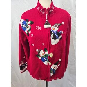 Heirloom Collectibles Womens Red Snowman Ugly Christmas Sweater Zip Up Jacket  M